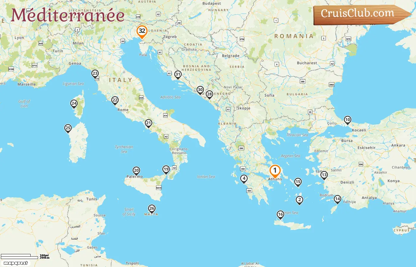 Croisière en Méditerranée de Piéraeus à Trieste à bord du navire Enchanted Princess avec des visites en Grèce, en Italie, à Malte, en Turquie, en France, au Monténégro et en Croatie pendant 32 jours