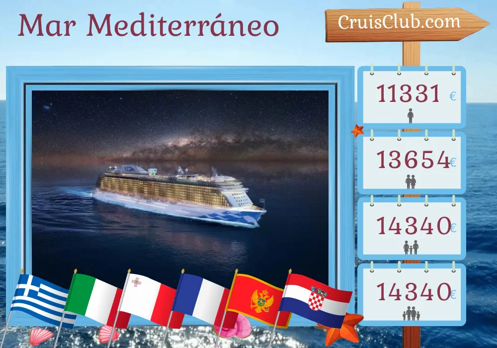 Crucero por el Mediterráneo de Piraeus a Trieste a bordo del barco Enchanted Princess con visitas a Grecia, Italia, Malta, Turquía, Francia, Montenegro y Croacia durante 32 días