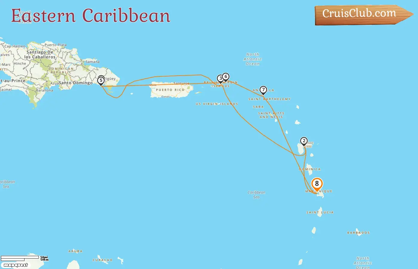 Kreuzfahrt in der östlichen Karibik von Fort-de-France an Bord des Schiffes MSC Opera mit Stopps in Guadeloupe, der Dominikanischen Republik und den Britischen Jungferninseln für 8 Tage
