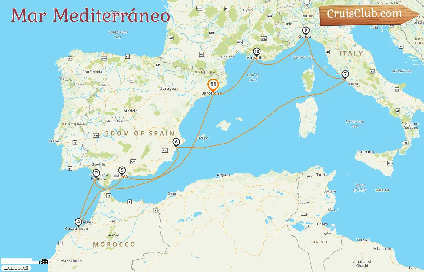 Crucero por el Mediterráneo desde Barcelona a bordo del barco MSC Magnifica con visitas a España, Marruecos, Italia y Francia durante 11 días