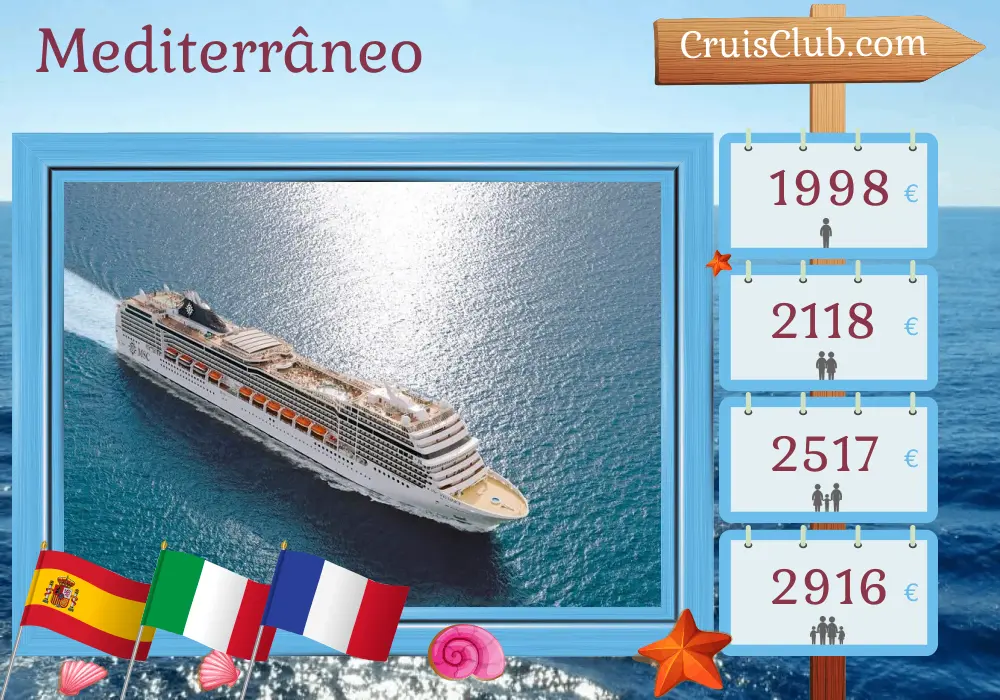 Cruzeiro no Mediterrâneo a partir de Barcelona a bordo do navio MSC Magnifica com visitas à Espanha, Marrocos, Itália e França por 11 dias