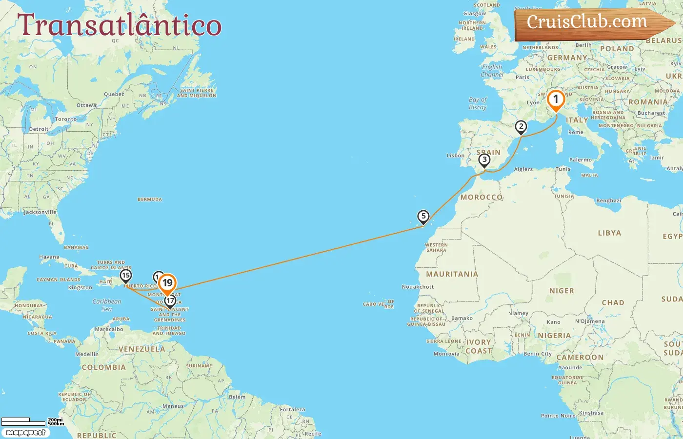 Cruzeiro no Transatlântico de Savona a Pointe-à-Pitre a bordo do navio Costa Fascinosa com visitas à Itália, Espanha e Guadalupe por 19 dias
