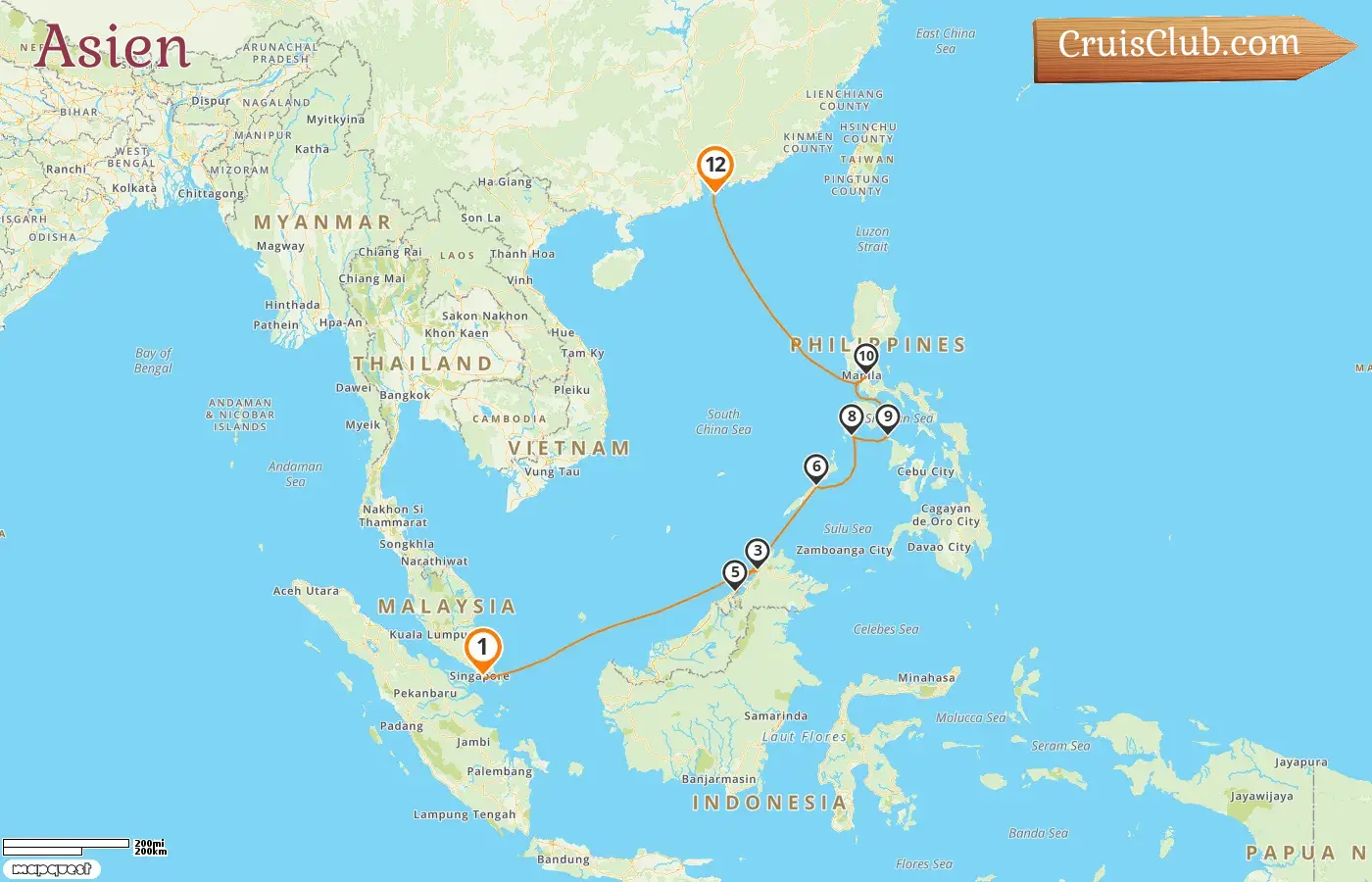 Kreuzfahrt in Asien von Singapur nach Hongkong an Bord des Schiffes Seven Seas Explorer mit Aufenthalten in Singapur, Malaysia, Brunei Darussalam, den Philippinen und Hongkong für 12 Tage