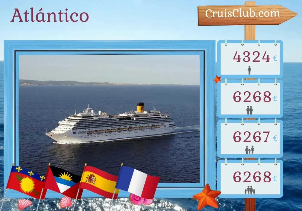 Crucero Transatlántico de Pointe-à-Pitre a Marsella a bordo del barco Costa Favolosa con visitas a Guadalupe, España, Marruecos y Francia durante 23 días