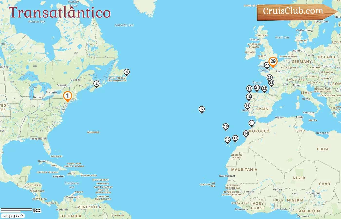 Cruzeiro no Transatlântico de Nova Iorque a Le Havre a bordo do navio Seven Seas Mariner com visitas aos EUA, Canadá, Portugal, Espanha, Marrocos, França e Jersey por 29 dias