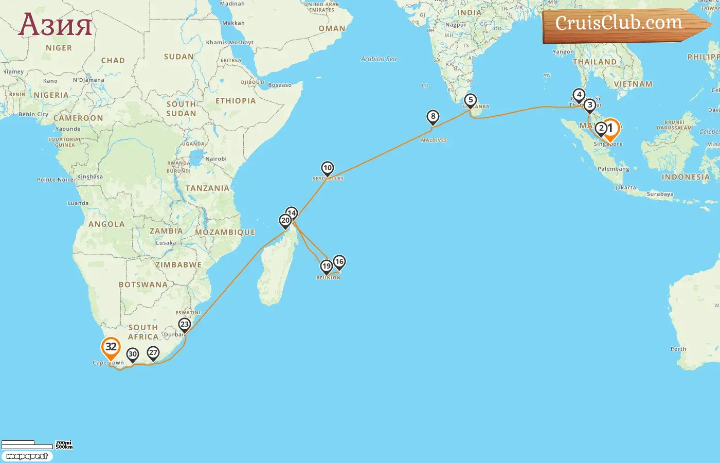 Круиз из Сингапура в Кейптаун по Азии на борту судна Seven Seas Mariner с посещениями Сингапура, Малайзии, Таиланда, Шри-Ланки, Мальдив, Сейшельских островов, Мадагаскара, Маврикия, Реюньона и Южной Африки на 32 дня