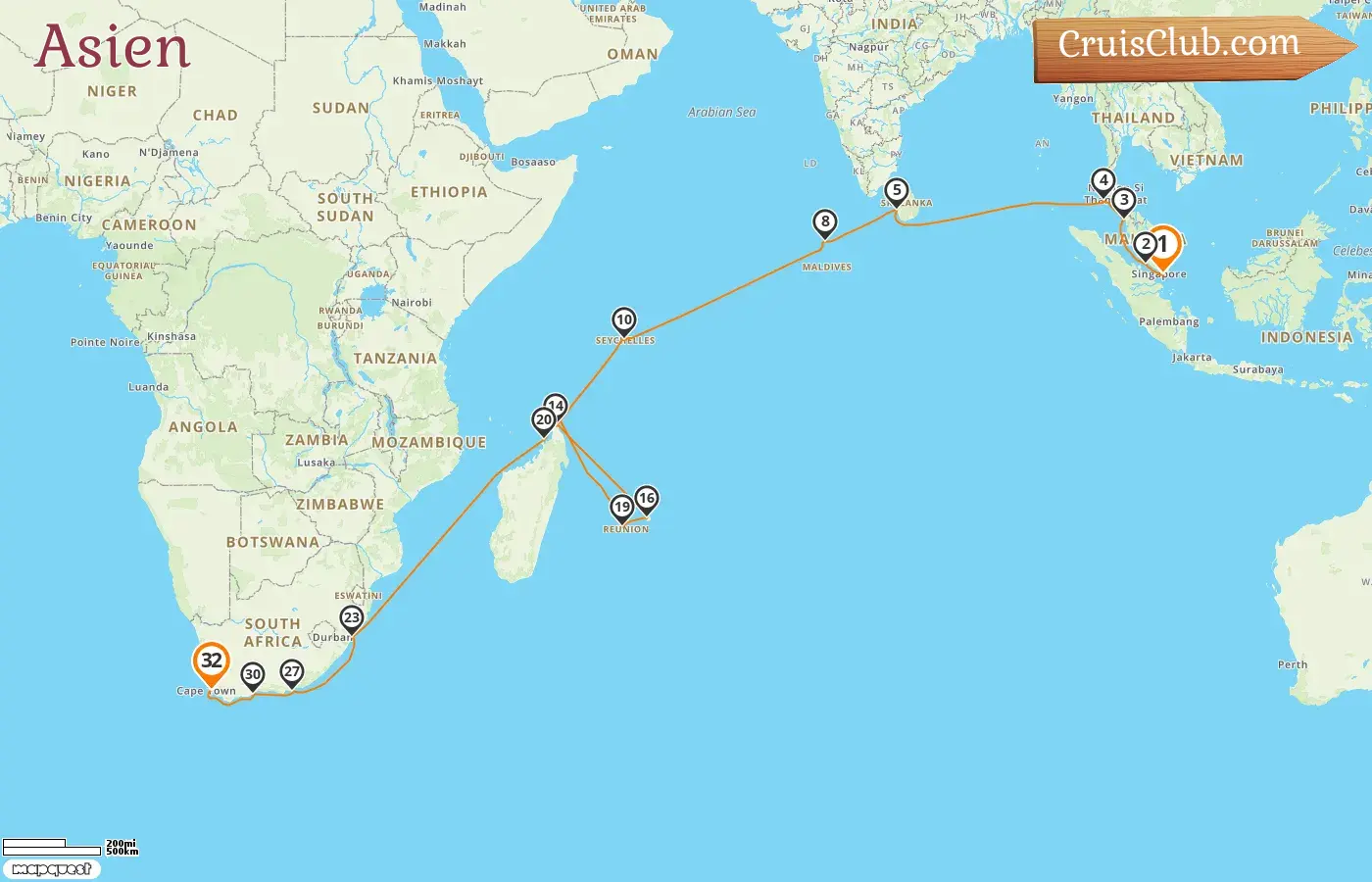 Kreuzfahrt in Asien von Singapur nach Kapstadt an Bord des Schiffes Seven Seas Mariner mit Besuchen in Singapur, Malaysia, Thailand, Sri Lanka, Malediven, Seychellen, Madagaskar, Mauritius, Réunion und Südafrika für 32 Tage
