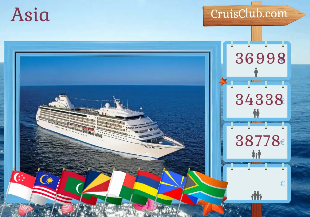 Crucero en Asia desde Singapur a Ciudad del Cabo a bordo del barco Seven Seas Mariner con visitas a Singapur, Malasia, Tailandia, Sri Lanka, Maldivas, Seychelles, Madagascar, Mauricio, Reunión y Sudáfrica durante 32 días