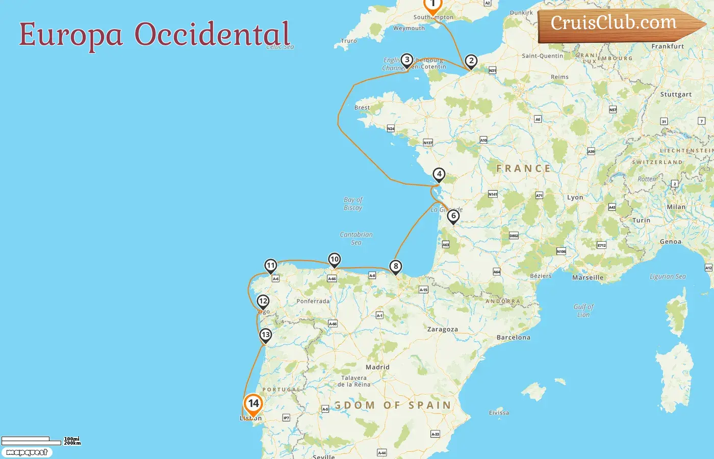 Crucero en Europa Occidental de Southampton a Lisboa a bordo del barco Seven Seas Splendor con visitas a Francia, Guernsey, España y Portugal durante 14 días