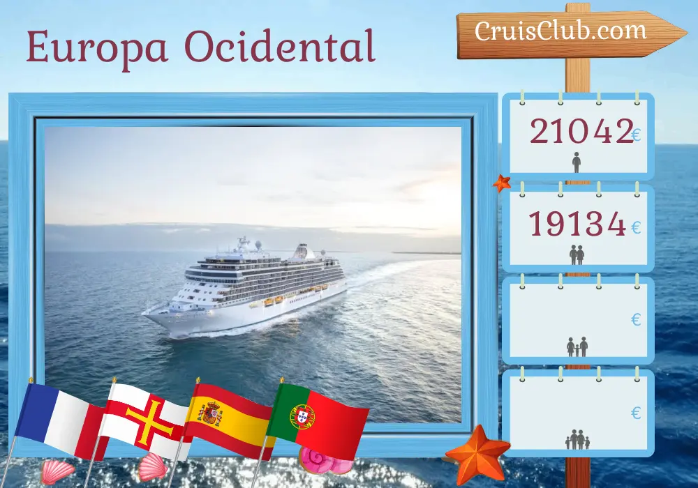 Cruzeiro na Europa Ocidental de Southampton a Lisboa a bordo do navio Seven Seas Splendor com visitas à França, Guernsey, Espanha e Portugal por 14 dias