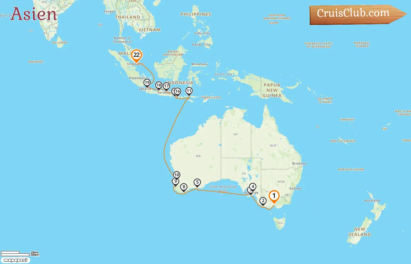 Kreuzfahrt in Asien von Melbourne nach Singapur an Bord des Schiffes Seven Seas Splendor mit Stopps in Australien, Indonesien und Singapur für 22 Tage