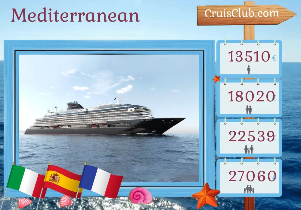 Cruise in the Mediterranean from Civitavecchia to Barcelona aboard EXPLORA I ship with visits to Italy, Tunisia, Spain, and France for 15 days