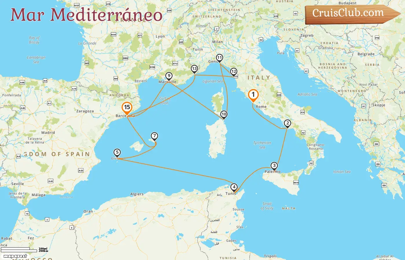 Crucero por el Mediterráneo de Civitavecchia a Barcelona a bordo del barco EXPLORA I con visitas a Italia, Túnez, España y Francia durante 15 días