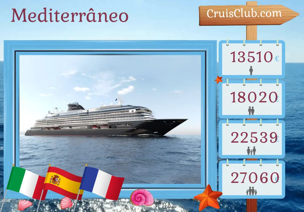 Cruzeiro no Mediterrâneo de Civitavecchia até Barcelona a bordo do navio EXPLORA I com visitas à Itália, Tunísia, Espanha e França por 15 dias