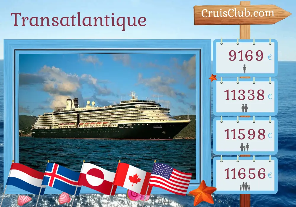 Croisière transatlantique de Amsterdam à Boston à bord du navire Zuiderdam avec des visites aux Pays-Bas, en Islande, au Groenland, au Canada et aux États-Unis pendant 22 jours