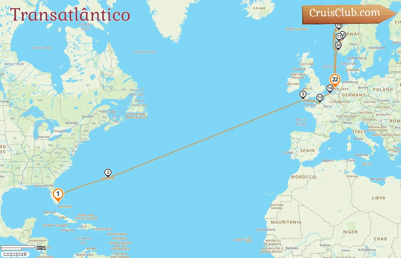 Cruzeiro Transatlântico de Miami a Amsterdã a bordo do navio Zuiderdam com visitas aos EUA, Bermudas, França, Bélgica, Países Baixos e Noruega por 22 dias
