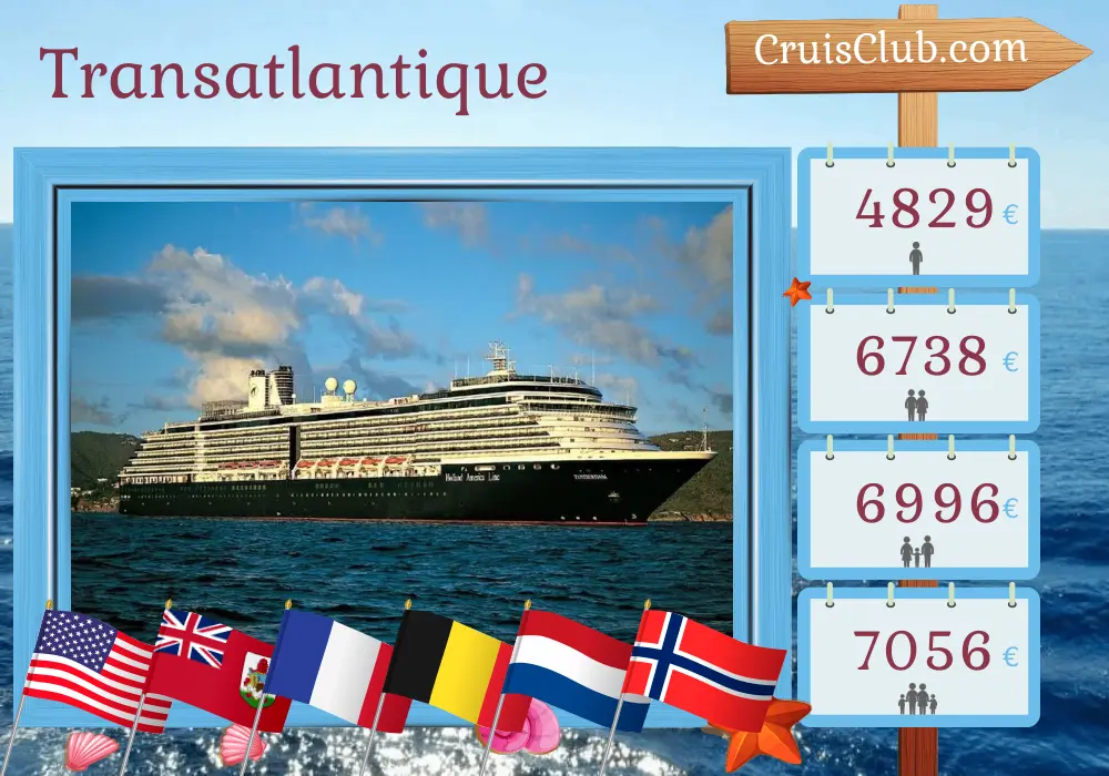 Croisière transatlantique de Miami à Amsterdam à bord du navire Zuiderdam avec escales aux États-Unis, aux Bermudes, en France, en Belgique, aux Pays-Bas et en Norvège pendant 22 jours