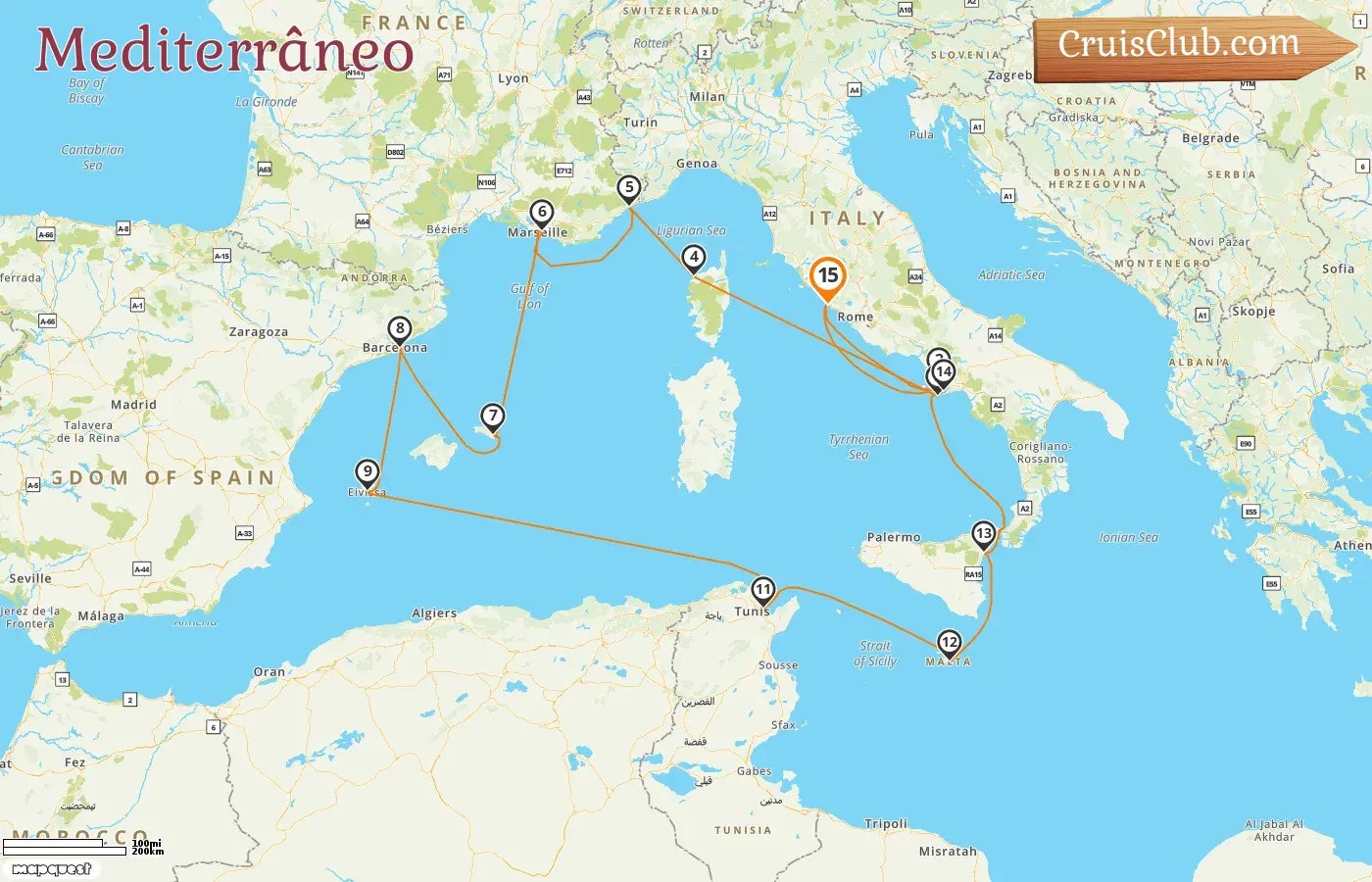 Cruzeiro no Mediterrâneo partindo de Civitavecchia a bordo do navio EXPLORA I com visitas à Itália, França, Espanha, Tunísia e Malta por 15 dias