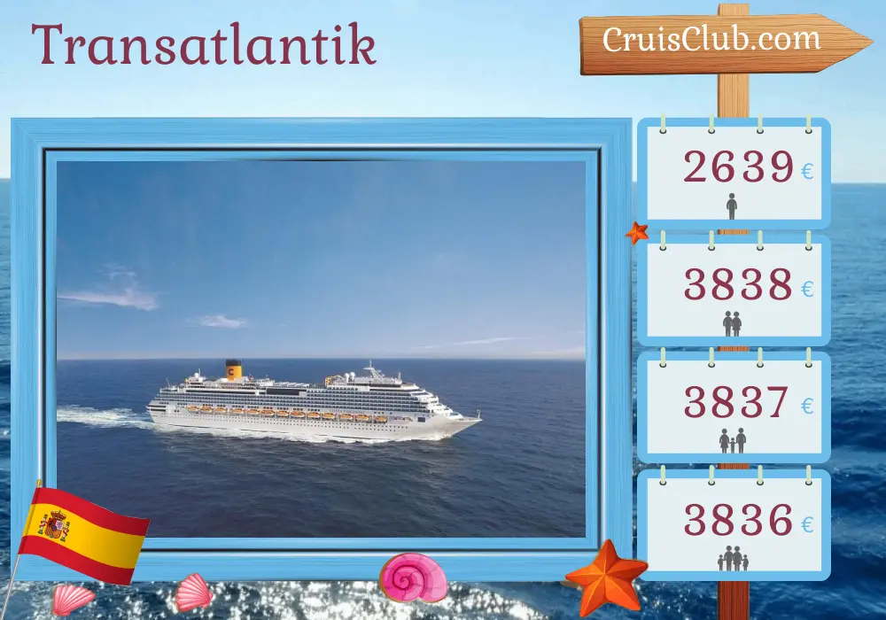 Kreuzfahrt im Transatlantik von La Romana nach Barcelona an Bord des Costa Fascinosa-Schiffs mit Besuchen in Spanien und Marokko für 15 Tage