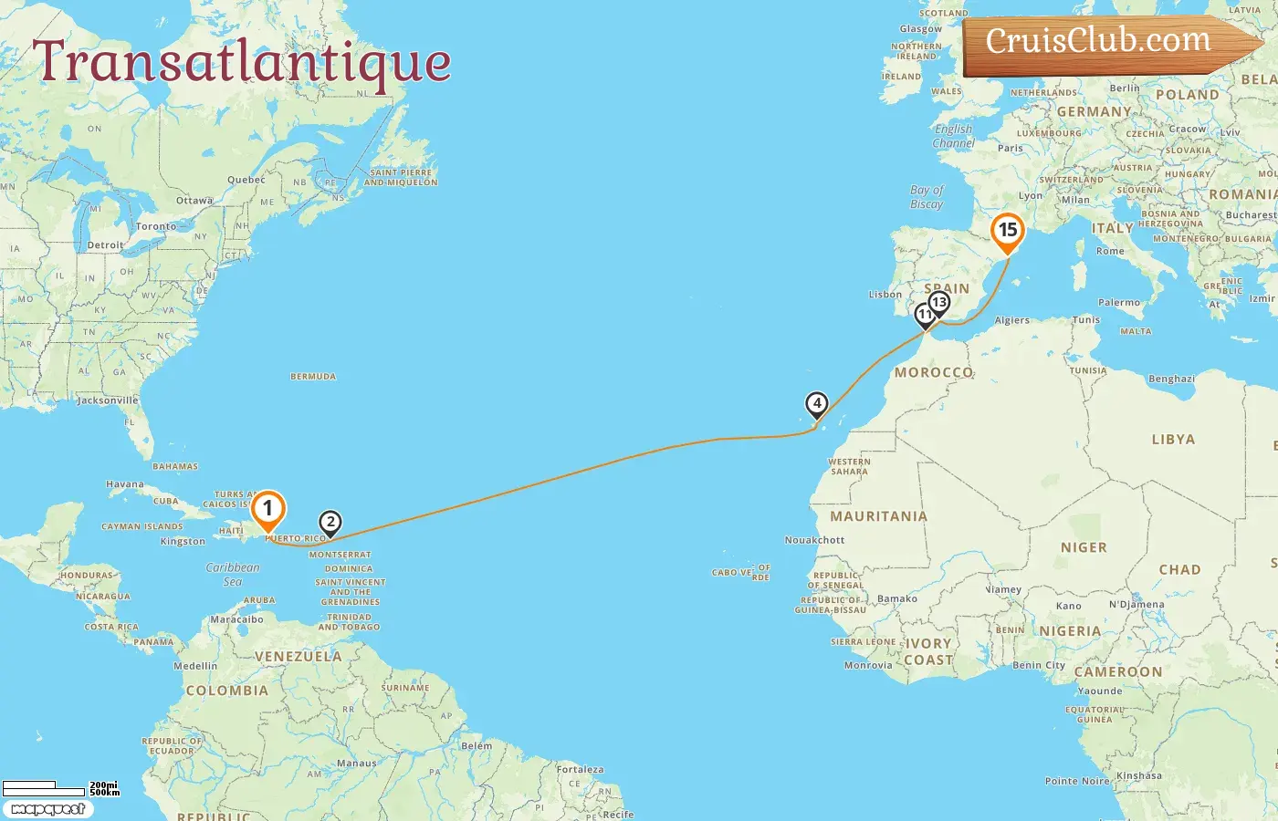 Croisière transatlantique de La Romana à Barcelone à bord du navire Costa Fascinosa avec visites en Espagne et au Maroc pendant 15 jours