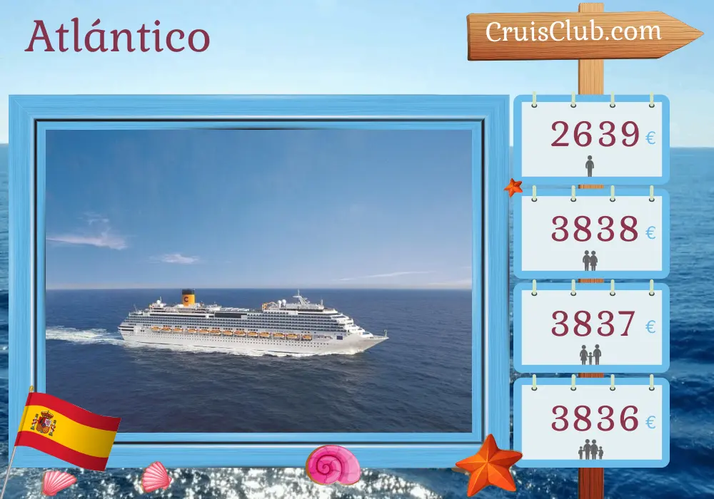 Crucero en el Atlántico desde La Romana a Barcelona a bordo del barco Costa Fascinosa con visitas a España y Marruecos por 15 días