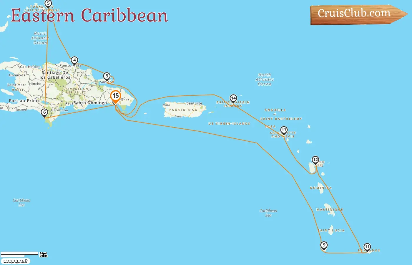Cruise in the Eastern Caribbean from La Romana aboard Costa Fascinosa ship with visits to Dominican Republic, Saint Vincent and the Grenadines, Barbados, and Guadeloupe for 15 days