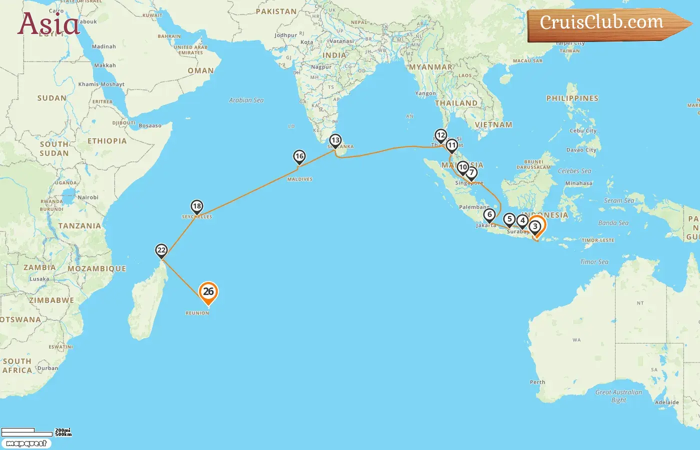 Siete Mares Marinero viaje de Benoa a Port Louis en Asia con visitas a Indonesia, Singapur, Malasia, Tailandia, Sri Lanka, Maldivas, Seychelles, Madagascar y Mauricio durante 26 días