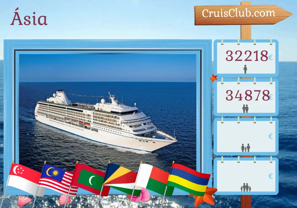 Cruzeiro na Ásia de Benoa para Port Louis a bordo do navio Seven Seas Mariner com visitas à Indonésia, Singapura, Malásia, Tailândia, Sri Lanka, Maldivas, Seychelles, Madagascar e Maurício por 26 dias