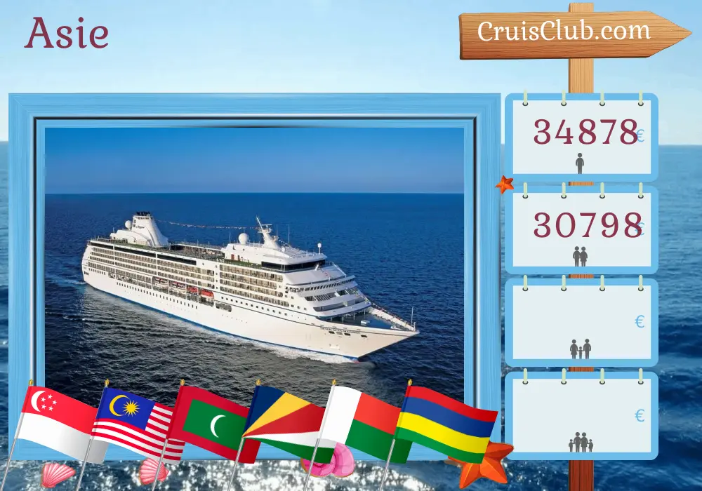 Croisière en Asie de Benoa à Port Louis à bord du navire Seven Seas Mariner avec des visites en Indonésie, Singapour, Malaisie, Thaïlande, Sri Lanka, Maldives, Seychelles, Madagascar et Maurice pendant 26 jours