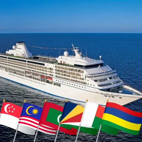 Croisière en Asie de Benoa à Port Louis à bord du navire Seven Seas Mariner avec des visites en Indonésie, Singapour, Malaisie, Thaïlande, Sri Lanka, Maldives, Seychelles, Madagascar et Maurice pendant 26 jours