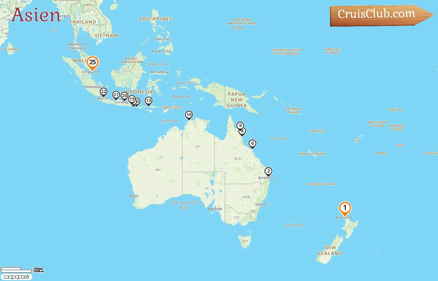 Kreuzfahrt in Asien von Auckland nach Singapur an Bord des Schiffes Seven Seas Mariner mit Besuchen in Neuseeland, Australien, Indonesien und Singapur für 25 Tage