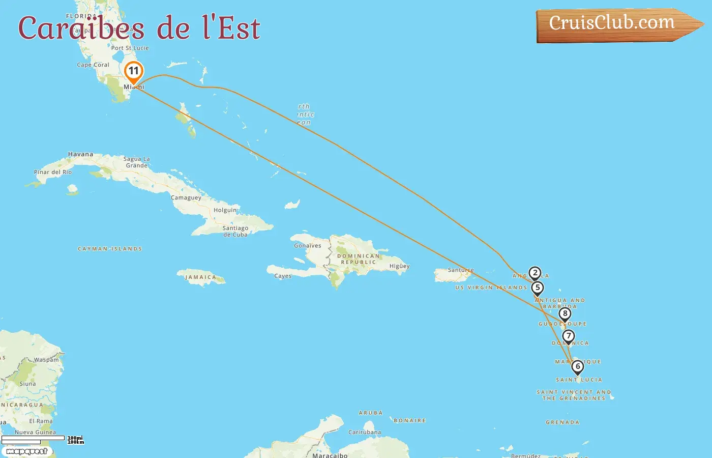 Croisière dans les Caraïbes orientales au départ de Miami à bord du navire Seven Seas Prestige avec des visites aux États-Unis, à Saint-Barthélemy et en Guadeloupe pendant 11 jours