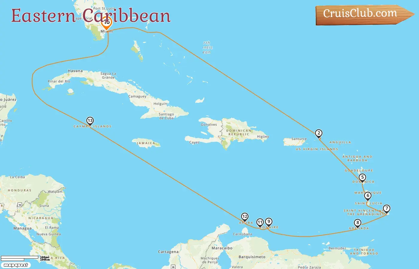 Cruise in the Eastern Caribbean from Miami aboard Seven Seas Prestige ship with visits to USA, British Virgin Islands, Barbados, Grenada, Curaçao, Aruba, and Cayman Islands for 16 days
