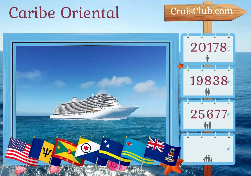 Crucero por el Caribe Oriental desde Miami a bordo del barco Seven Seas Prestige con visitas a Estados Unidos, Islas Vírgenes Británicas, Barbados, Granada, Curazao, Aruba y Islas Caimán durante 16 días