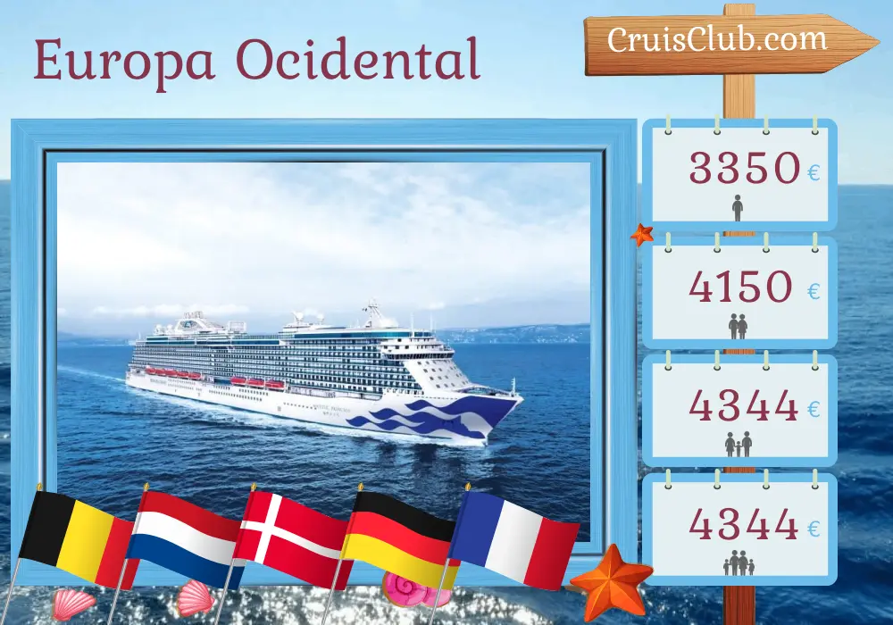 Cruzeiro no Oeste da Europa a partir de Southampton a bordo do navio Majestic Princess com visitas à Bélgica, Holanda, Dinamarca, Alemanha e França por 11 dias