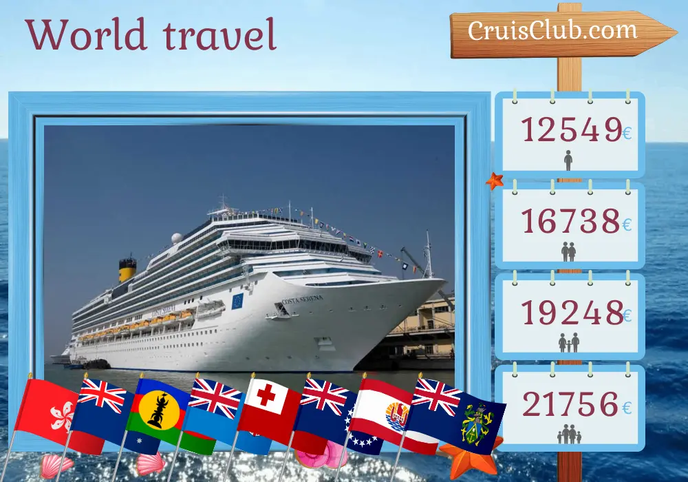 Kreuzfahrt rund um die Welt von Hongkong nach Buenos Aires an Bord des Schiffes Costa Serena mit Stopps in Hongkong, den Philippinen, Indonesien, Australien, Neukaledonien, Fidschi, Tonga, den Cookinseln, Französisch-Polynesien, Pitcairn, Chile und Argentinien für 61 Tage