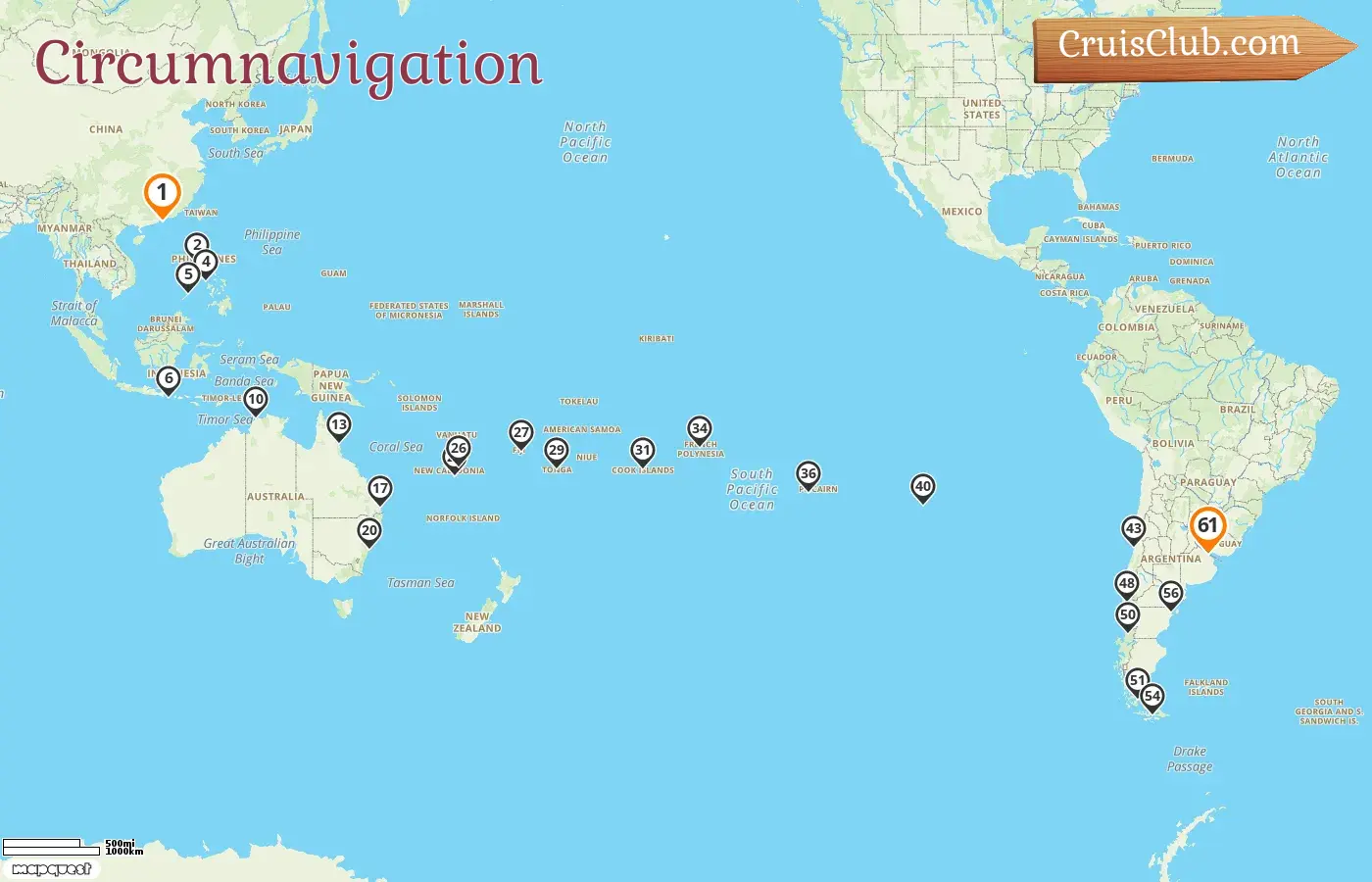 Croisière dans le monde de Hong Kong à Buenos Aires à bord du navire Costa Serena avec des escales à Hong Kong, aux Philippines, en Indonésie, en Australie, en Nouvelle-Calédonie, aux Fidji, aux Tonga, aux îles Cook, en Polynésie française, à Pitcairn, au Chili et en Argentine pendant 61 jours