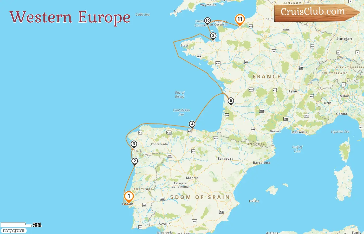 Cruise in the Western Europe from Lisbon to Honfleur aboard Le Lyrial ship with visits to Spain, France, and Guernsey for 11 days