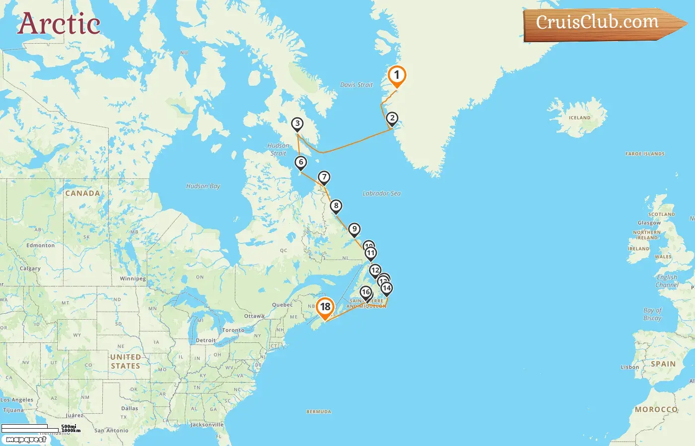 Cruise in the Arctic from Kangerlussuaq to Halifax aboard L`Austral ship with visits to Greenland, Canada, and Saint Pierre and Miquelon for 18 days