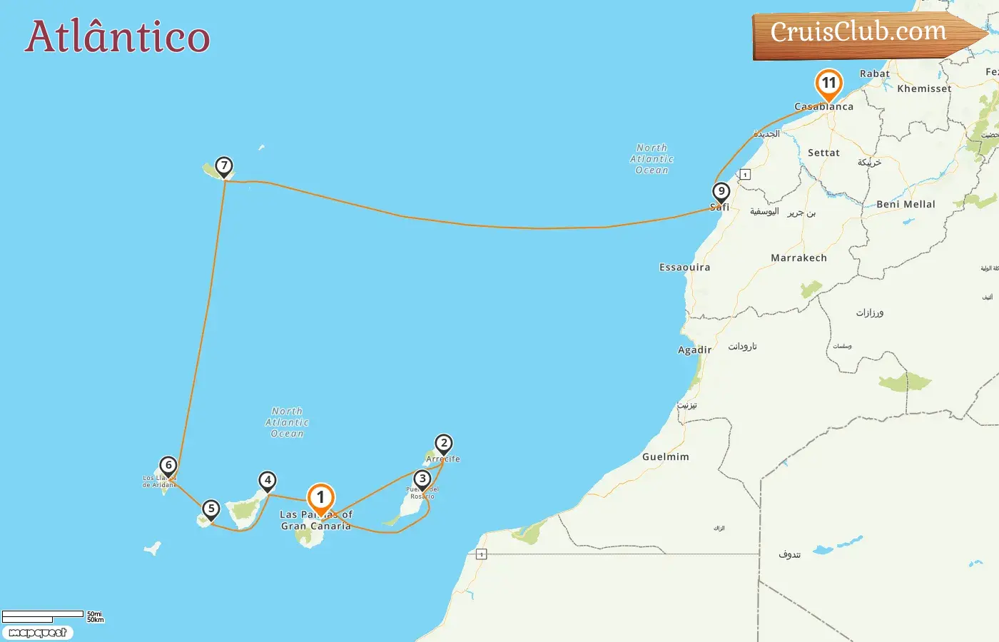 Cruzeiro no Atlântico de Las Palmas a Casablanca a bordo do navio Le Boréal com visitas à Espanha e Marrocos por 11 dias