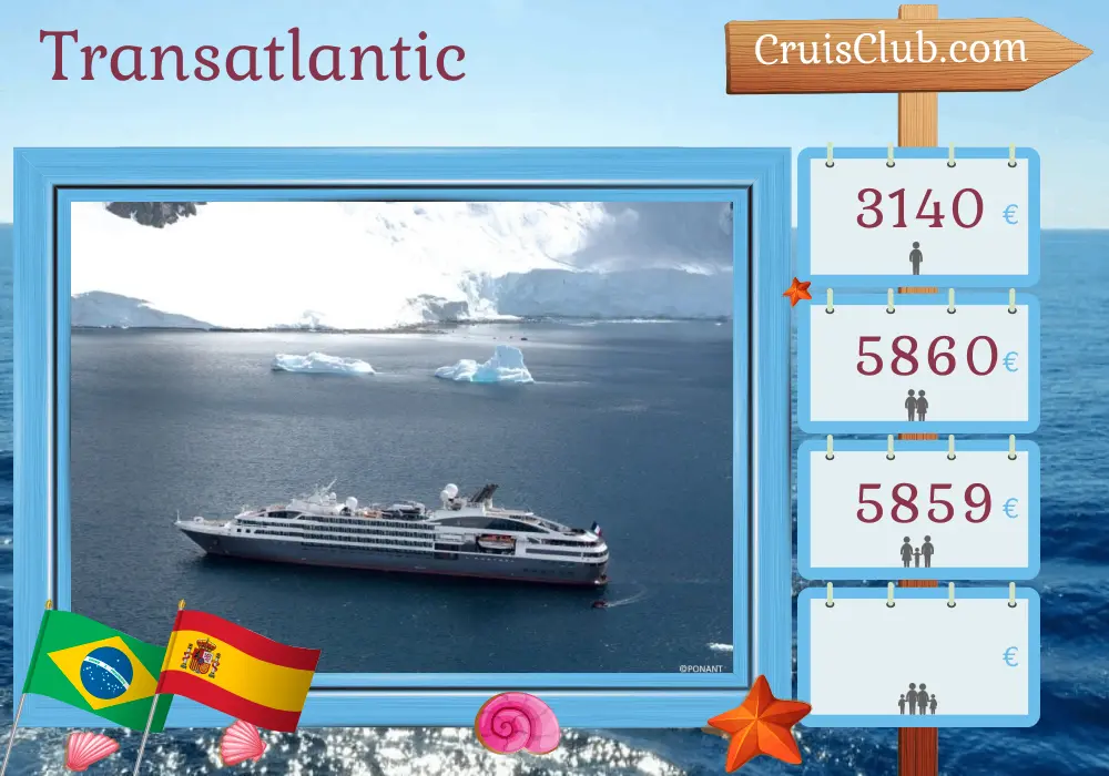 Cruise in the Transatlantic from Rio de Janeiro to Santa Cruz de Tenerife aboard L`Austral ship with visits to Brazil and Spain for 14 days