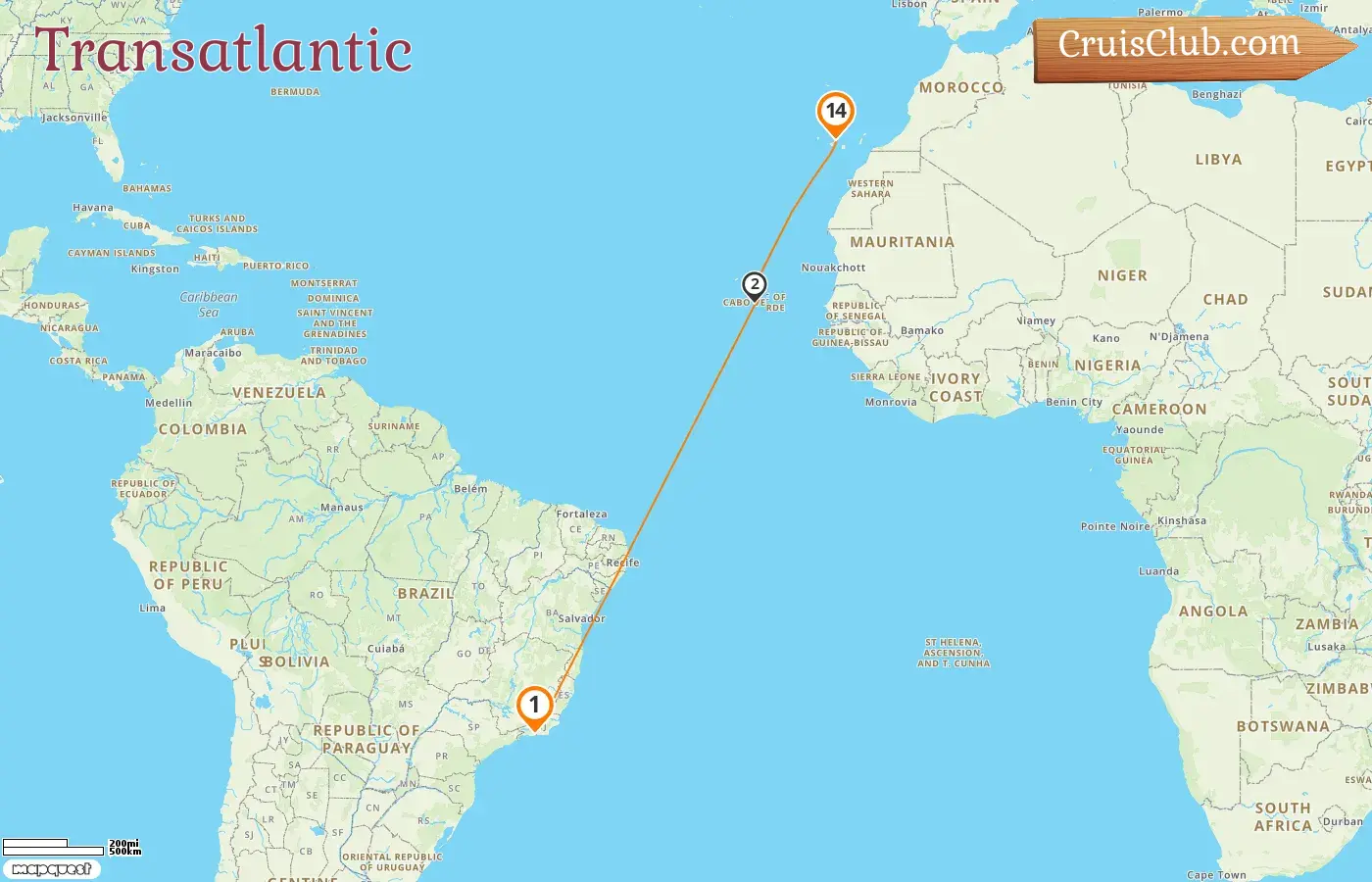Cruise in the Transatlantic from Rio de Janeiro to Santa Cruz de Tenerife aboard L`Austral ship with visits to Brazil and Spain for 14 days
