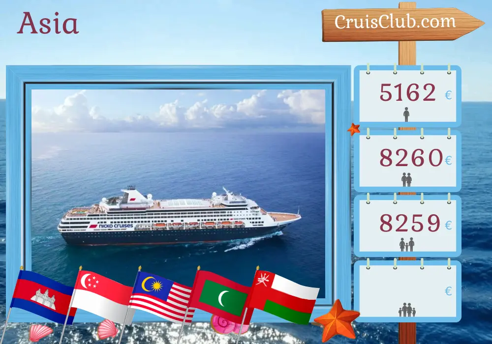 Cruise in the Asia from Ho Chi Minh City to Salalah aboard Vasco da Gama ship with visits to Viet Nam, Cambodia, Thailand, Singapore, Malaysia, Sri Lanka, Maldives, and Oman for 22 days