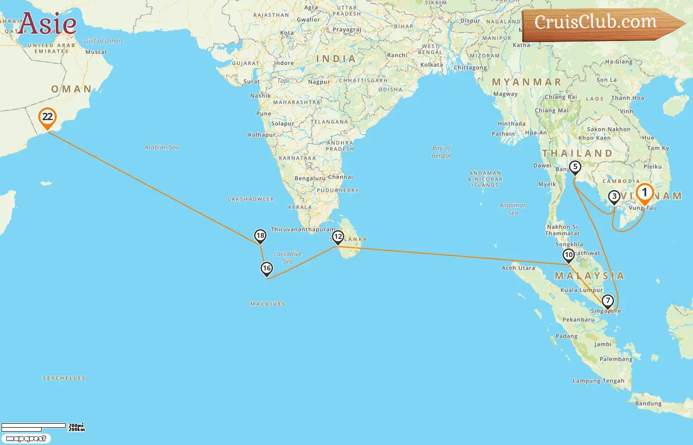 Croisière en Asie de Ho Chi Minh City à Salalah à bord du navire Vasco da Gama avec des visites au Viêt Nam, au Cambodge, en Thaïlande, à Singapour, en Malaisie, au Sri Lanka, aux Maldives et à Oman pendant 22 jours