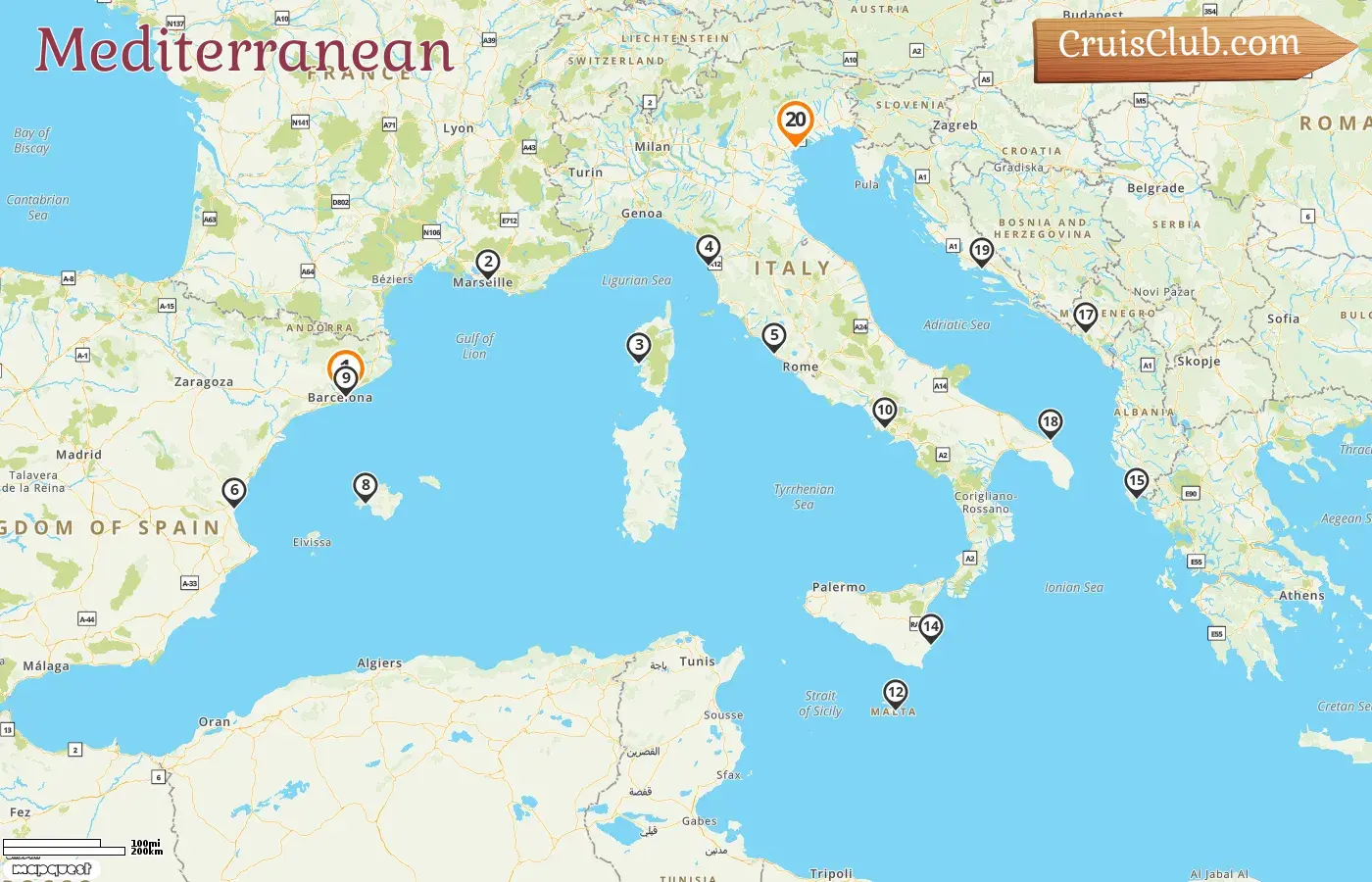 Cruise in the Mediterranean from Barcelona to Fusina aboard EXPLORA I ship with visits to Spain, France, Italy, Malta, Greece, Montenegro, and Croatia for 20 days