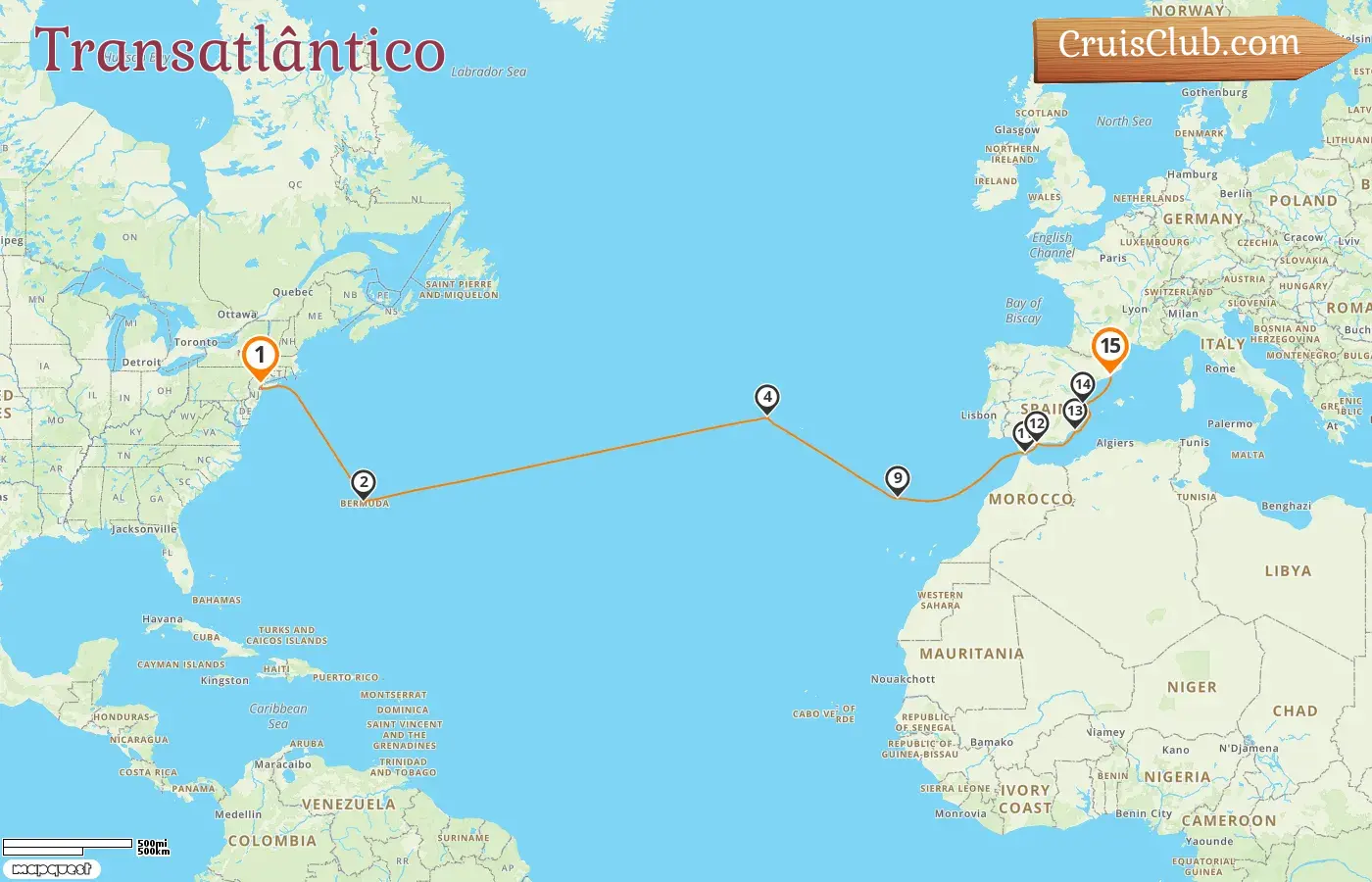 Cruzeiro no Transatlântico de Nova Iorque a Barcelona a bordo do navio Seven Seas Prestige, com visitas aos EUA, Bermuda, Portugal e Espanha por 15 dias