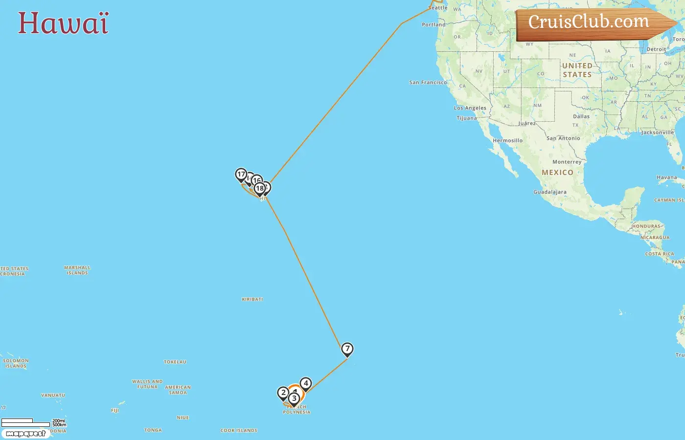 Croisière en Hawaii de Papeete à Vancouver à bord du navire Silver Whisper avec des visites en Polynésie française, aux États-Unis et au Canada pendant 25 jours