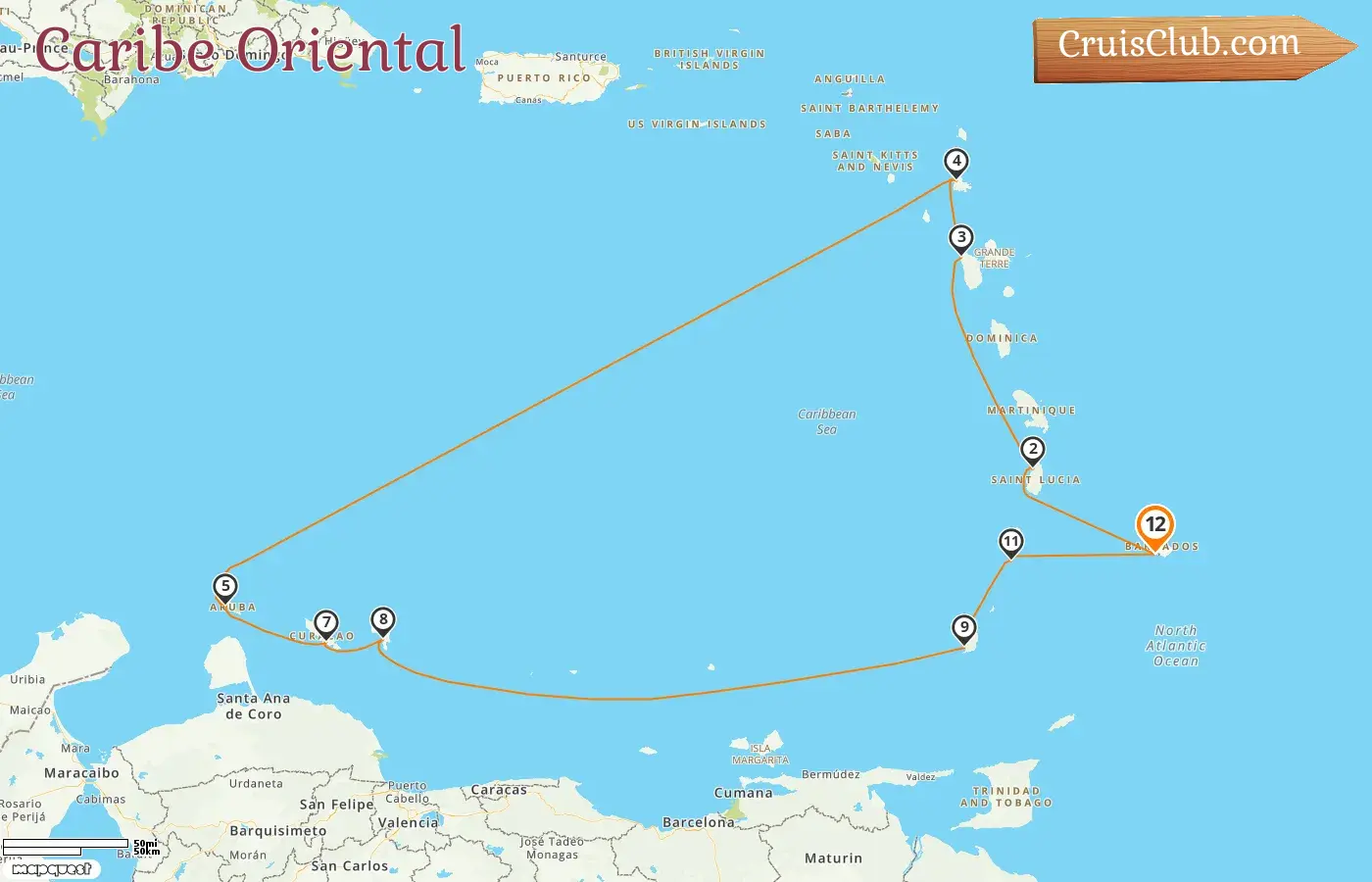 Cruzeiro no Caribe Oriental partindo de Bridgetown a bordo do navio Silver Spirit com visitas a Barbados, Guadalupe, Aruba, Curaçao, Granada e São Vicente e Granadinas por 12 dias
