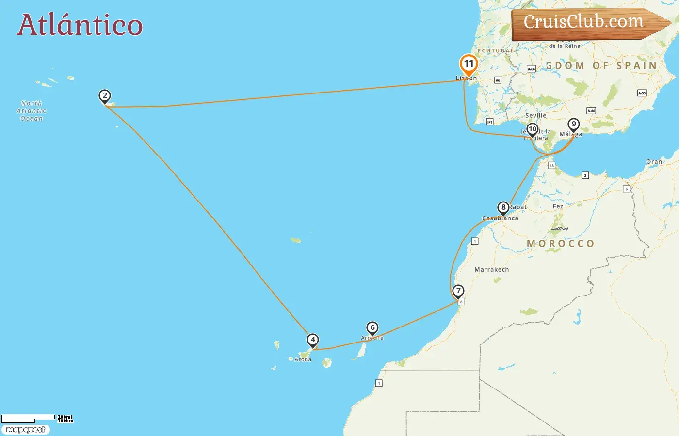 Crucero por el Atlántico desde Lisboa a bordo del barco Norwegian Star con visitas a Portugal, España y Marruecos durante 11 días