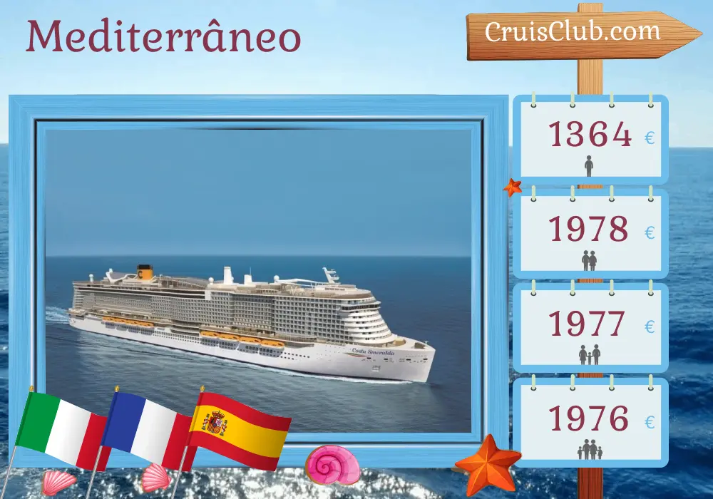 Cruzeiro no Mediterrâneo de Savona para Santa Cruz de Tenerife a bordo do navio Costa Smeralda com visitas a Itália, França e Espanha por 8 dias